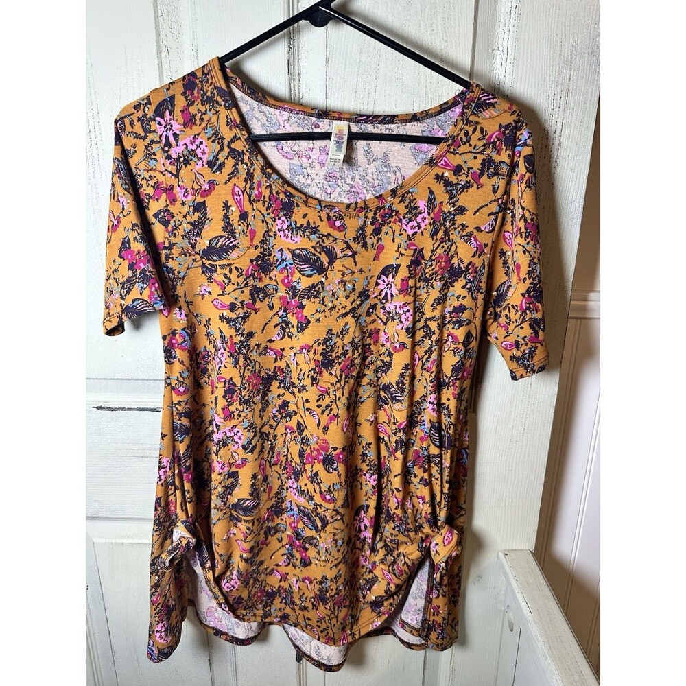 Lularoe S Women’s Perfect T Tan Pink Floral Feather Swing Top W/ Knots Small